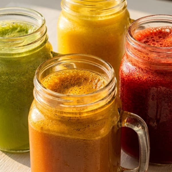 Four mason jars filled with colorful, foamy fresh juices in green, yellow, orange, and red.