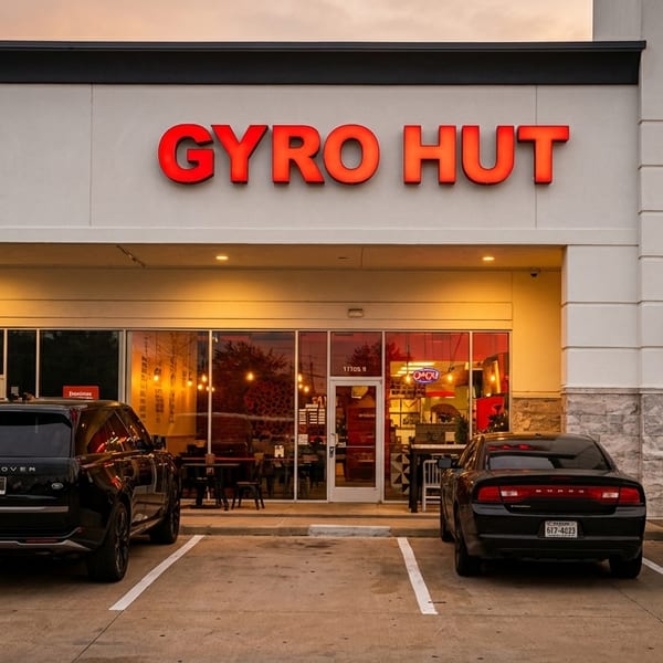 Exterior view of Gyro Hut restaurant with a red illuminated sign and parked cars in front.