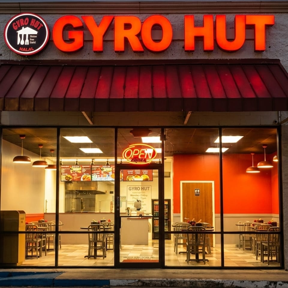 Exterior of Gyro Hut restaurant at dusk, with bright red signage and illuminated interior seating visible.