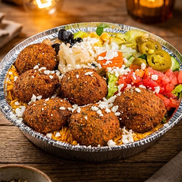 Falafel platter with rice, salad, and feta cheese in a foil container on a wooden table.