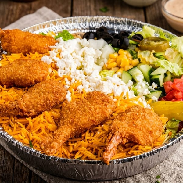 Fried shrimp and yellow rice with feta, corn, olives, and salad in a foil takeout container.
