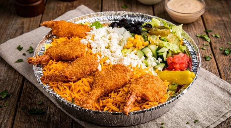Fried shrimp and yellow rice with feta, corn, olives, and salad in a foil takeout container.