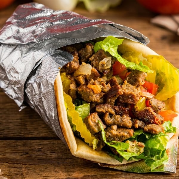 A beef shawarma wrap with lettuce, tomatoes, and pickles, partially unwrapped from foil on a wooden table.