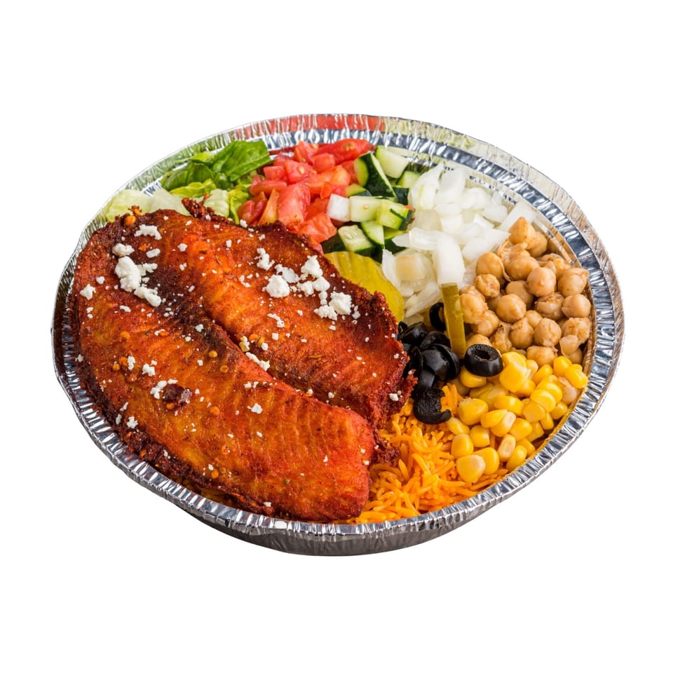Two pieces of red fish with feta, rice, corn, chickpeas, olives, and salad in a foil container.